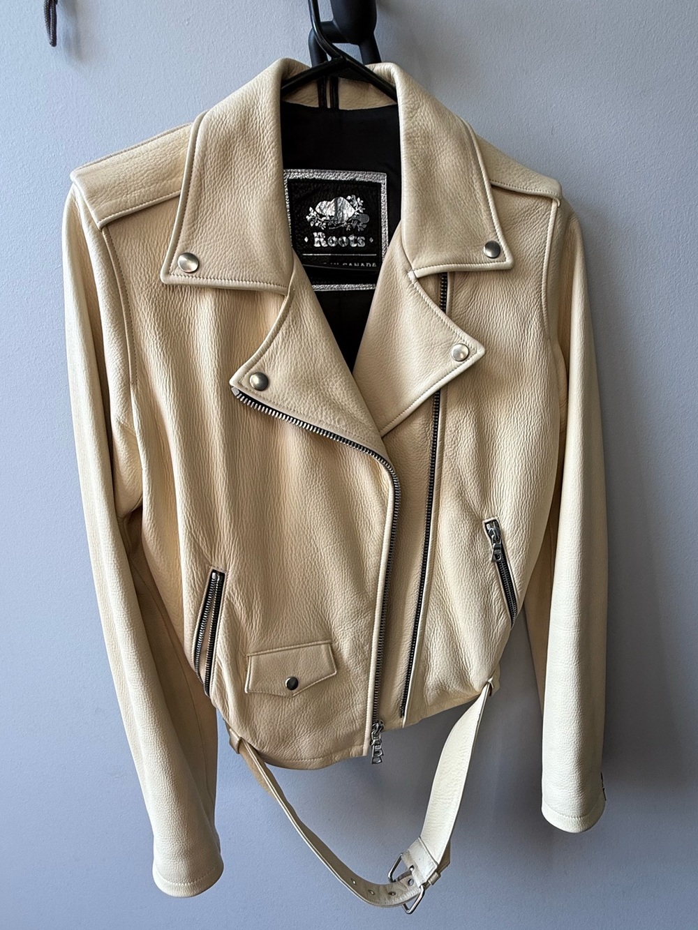 Roots Cream Leather Moto Jacket with Belt